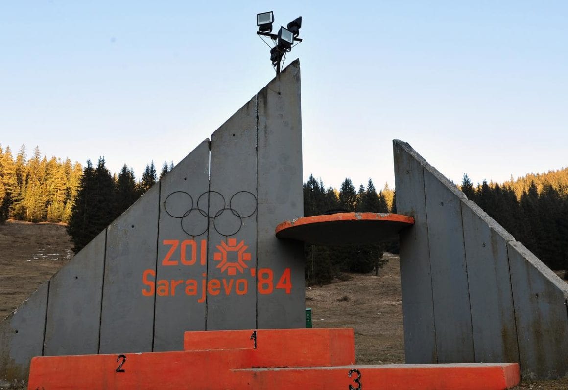 Podium de ski des Jeux Olympiques de Sarajevo. ELVIS BARUKCIC/AFP
