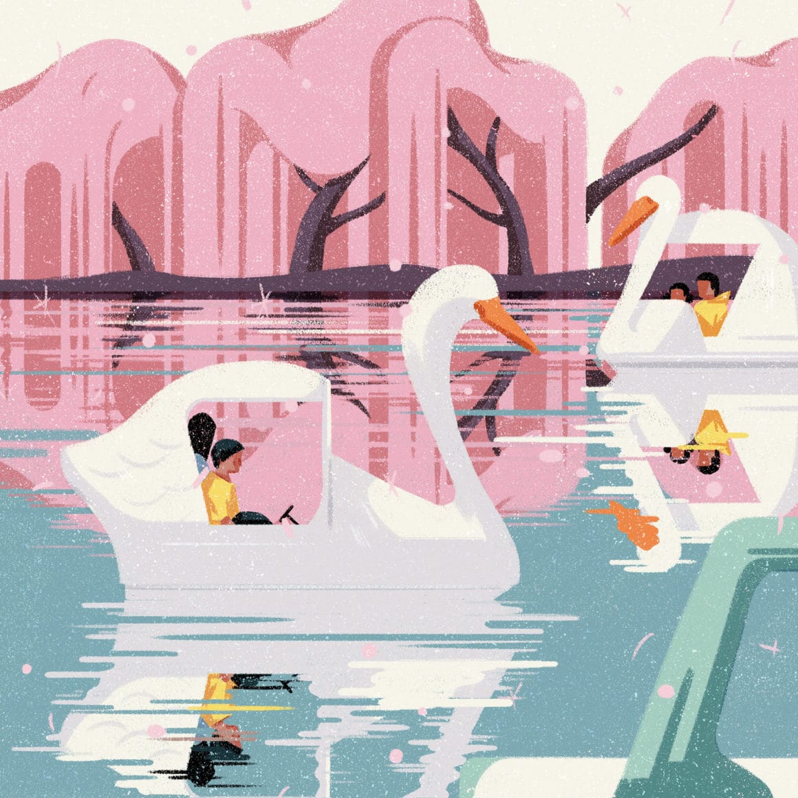 Illustration avec des personnages dans des bateaux en forme de cygnes. 