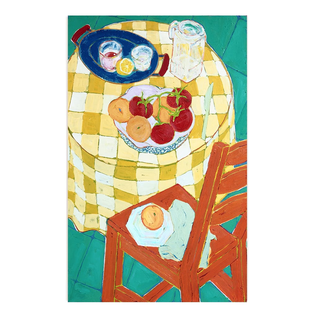 Peinture Miriam Dema, chaise, tomates, et nappe à carreaux jaune