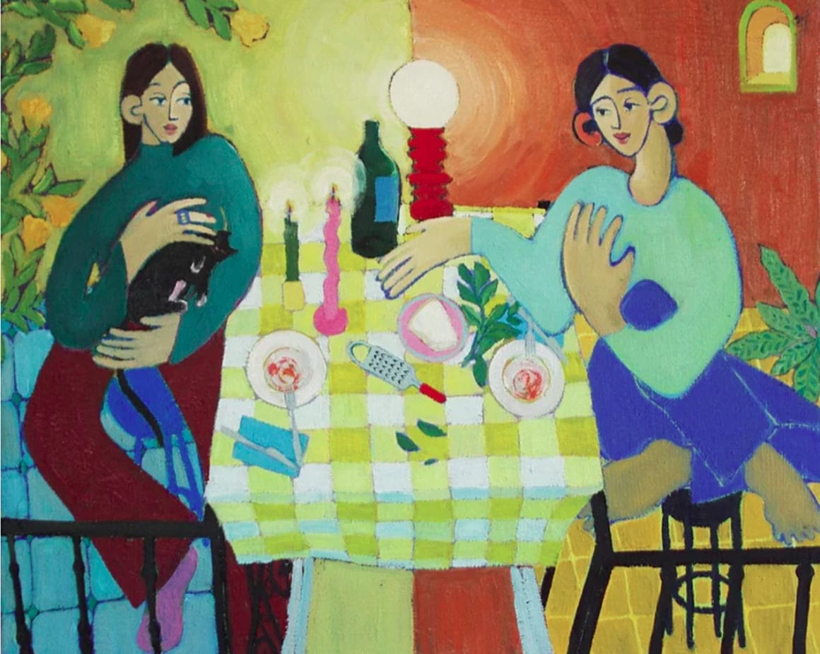 Peinture Miriam Dema, deux femmes qui dinent avec un chat