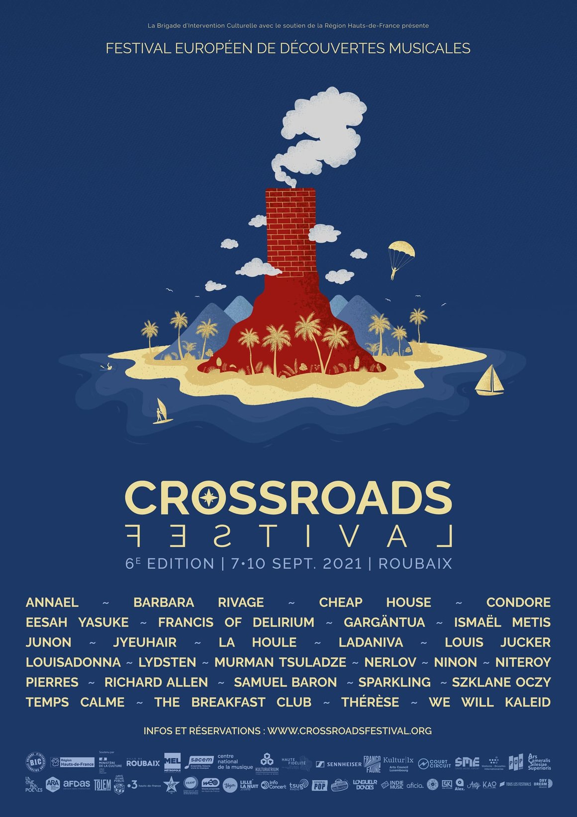 Affiche du Crossroads Festival. Fond bleu, dessin d'une île paradisiaque, dont un des volcan se transforme en cheminée d'usine.