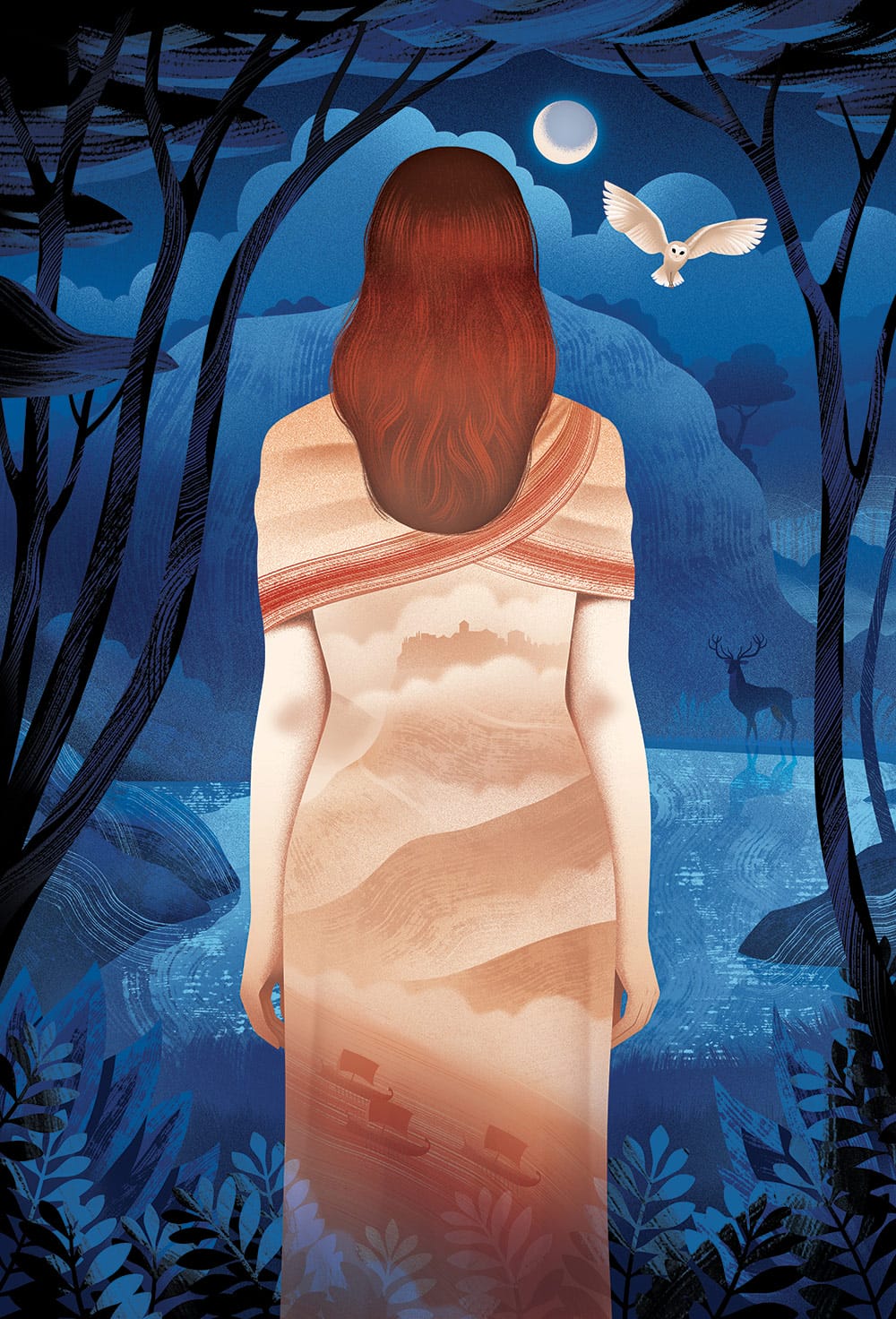 femme de dos dans une mystérieuse forêt par une nuit de pleine lune