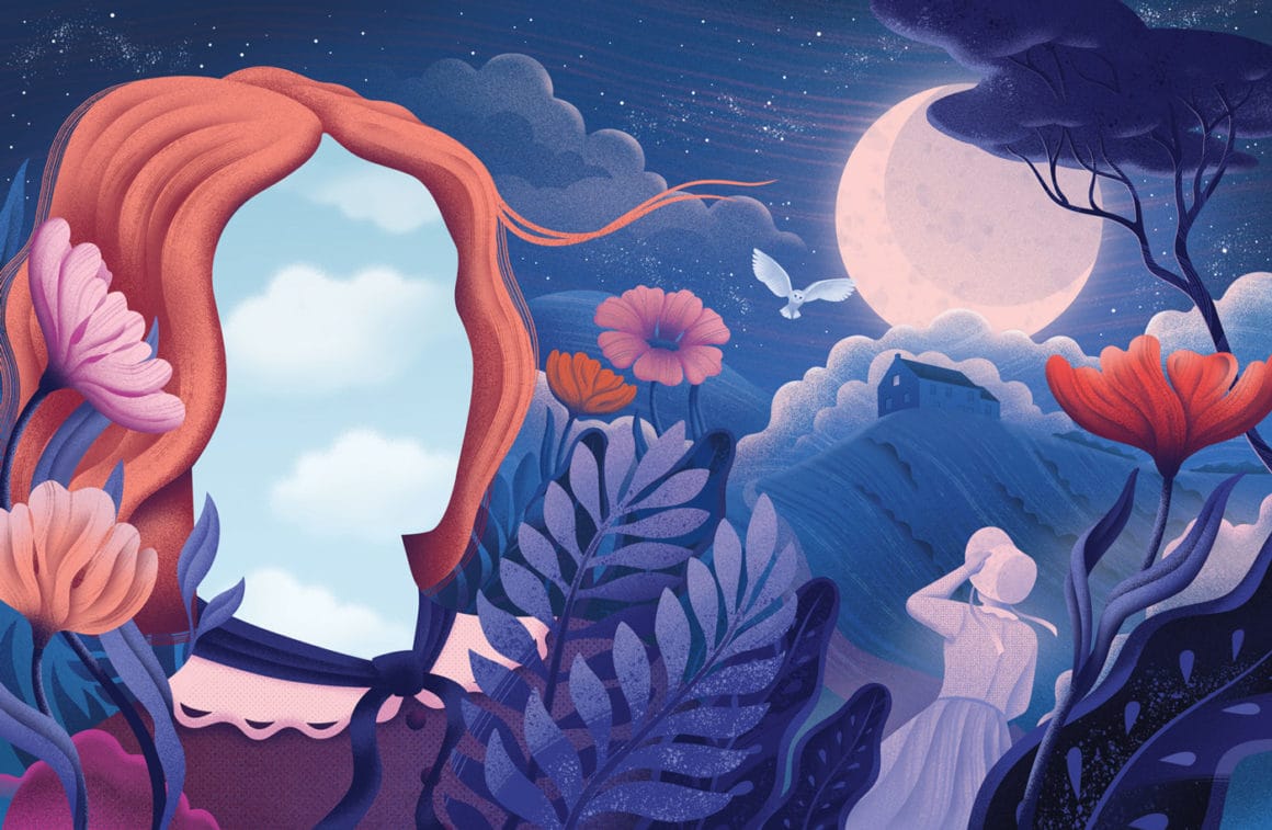 illustration de l'artiste illustratrice cat finnie qui présente une femme qui a le ciel en guise de visage, à la pleine lune, au loin on discerne une maison et une chouette qui la survole. 