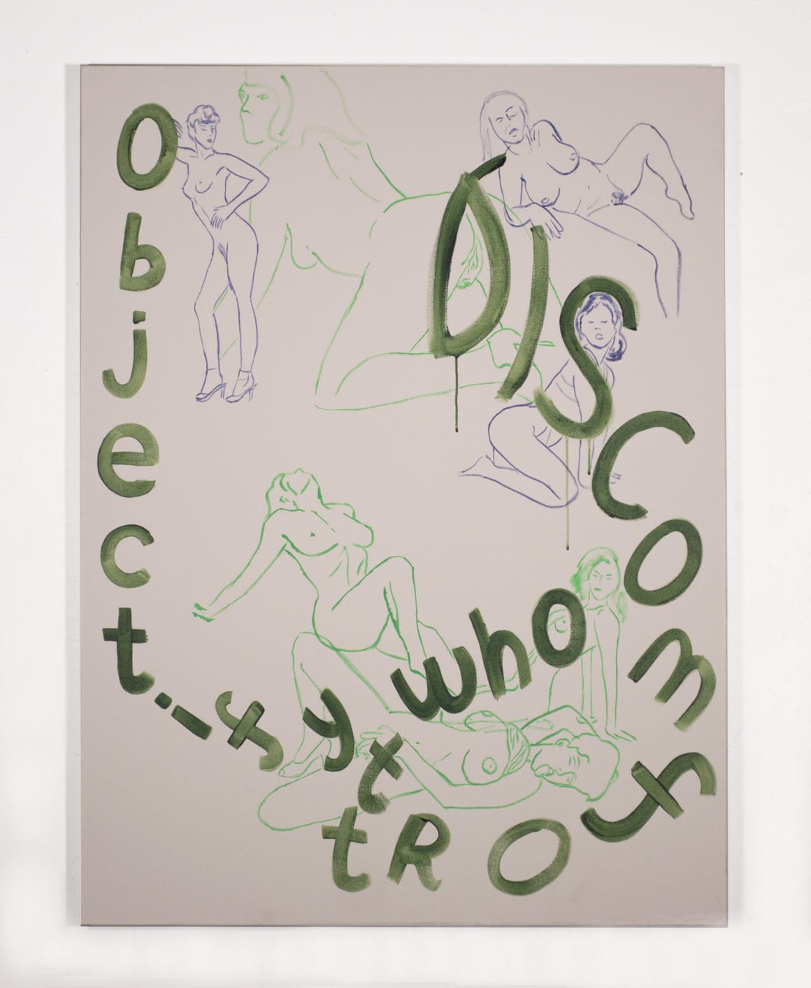 peinture femmes nues vertes et bleues et textes en vert Objectify Who