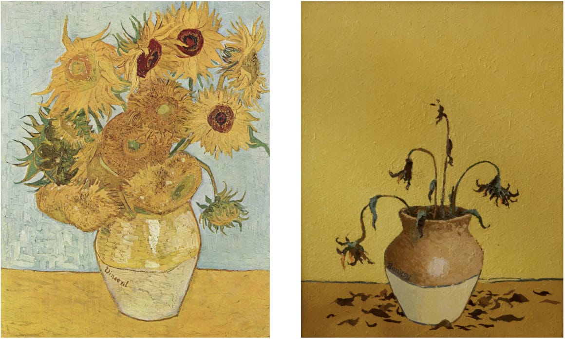 image comparative des tournesols de vincent van gogh et de l'interprétation de banksy avec sunflowers from petrol station