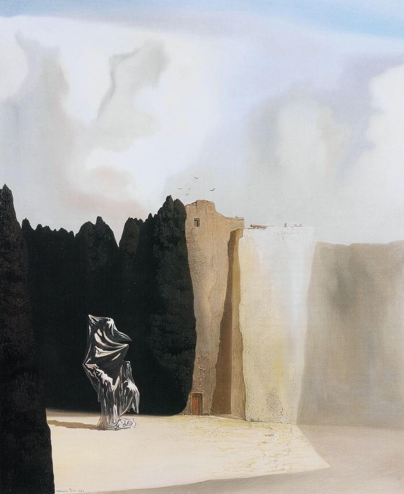 interprétation de Salvador Dali de son île des morts ou une figure fantomatique, un voile transparent, évolue à l'intérieur de l'île.