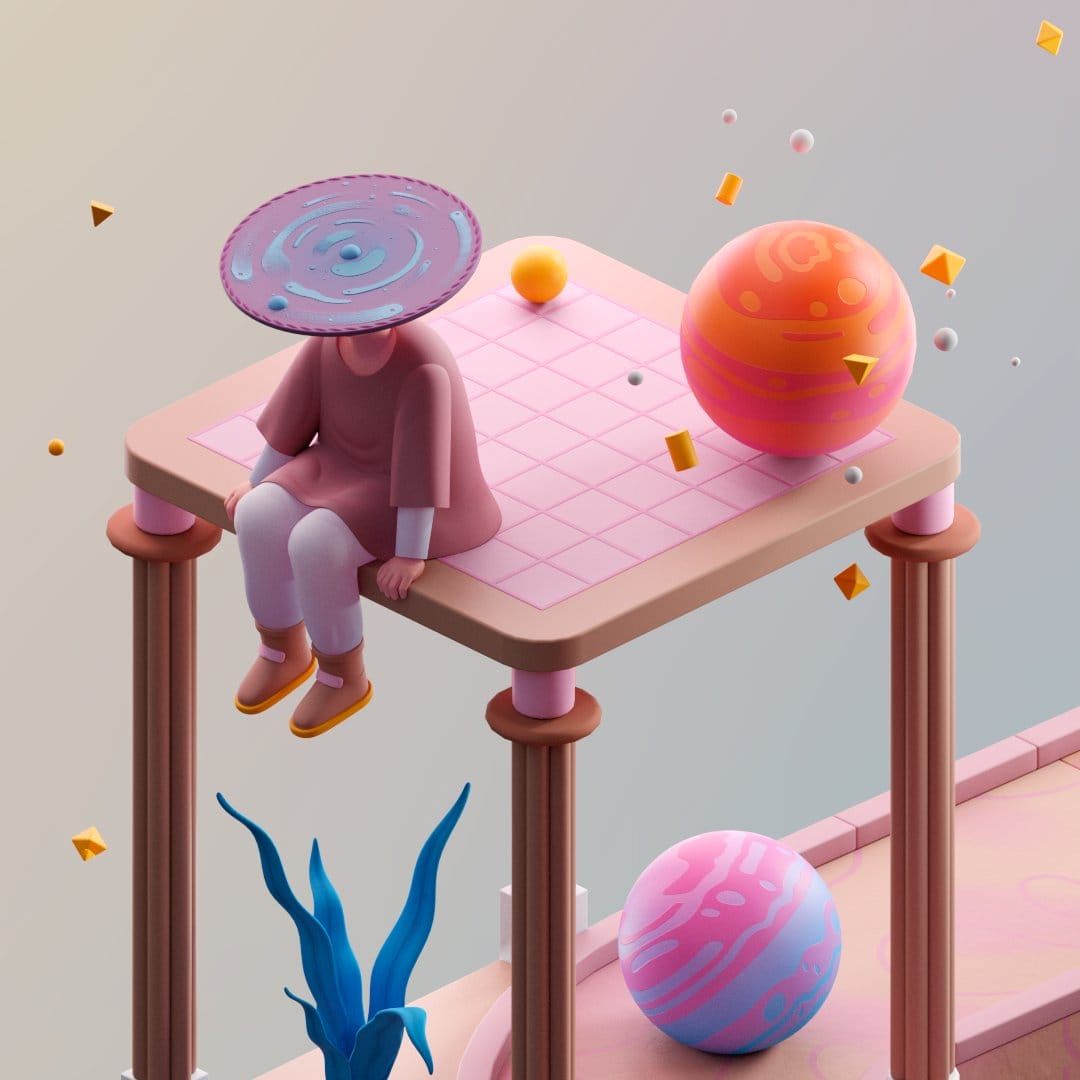oeuvre de matthieu braccini d'un personnage qui est assis sur une structure en 3D