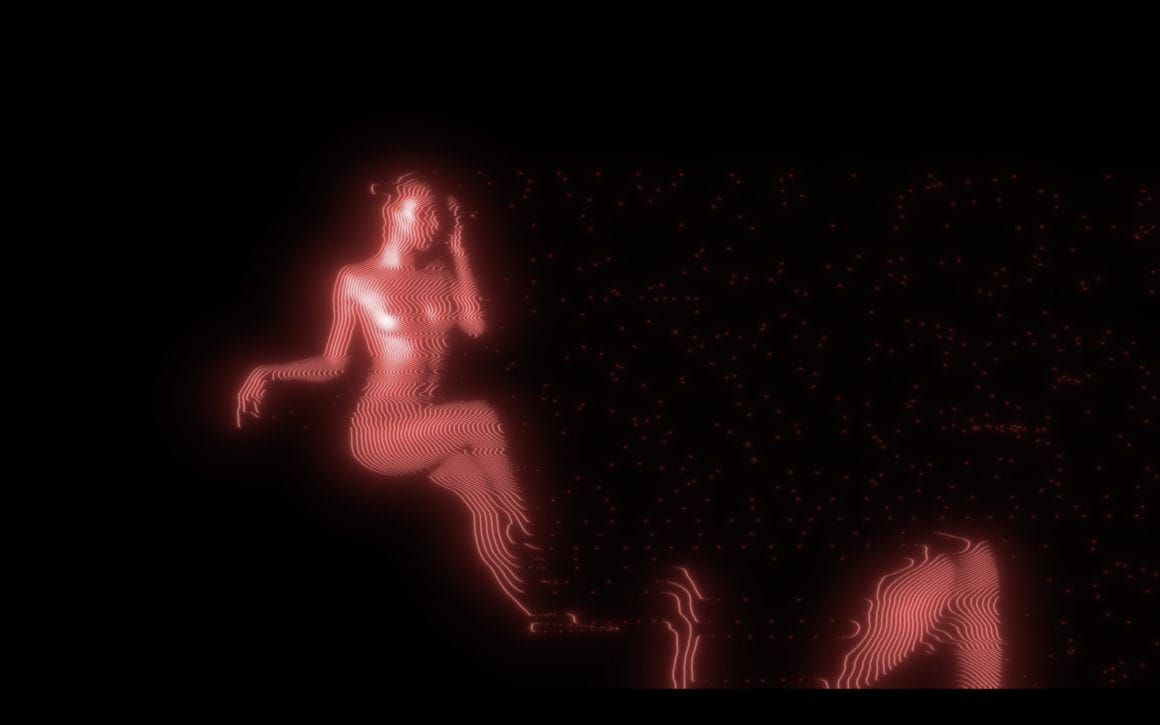 extrait du clip divine créature, réalisé par Polygon 1993, en collaboration avec le couple LeoLulu, connu notamment pour leur activité sur pornhub. les corps se devinent à travers les lignes