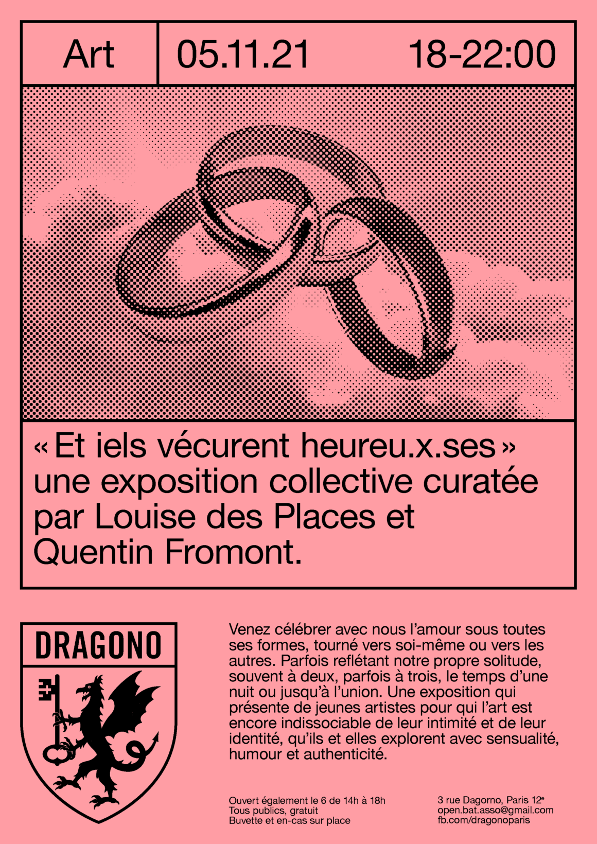 Affiche de l'exposition "Et iels vécurent heureu.x.ses", curatée par Quentin Fromont et Louise des Places