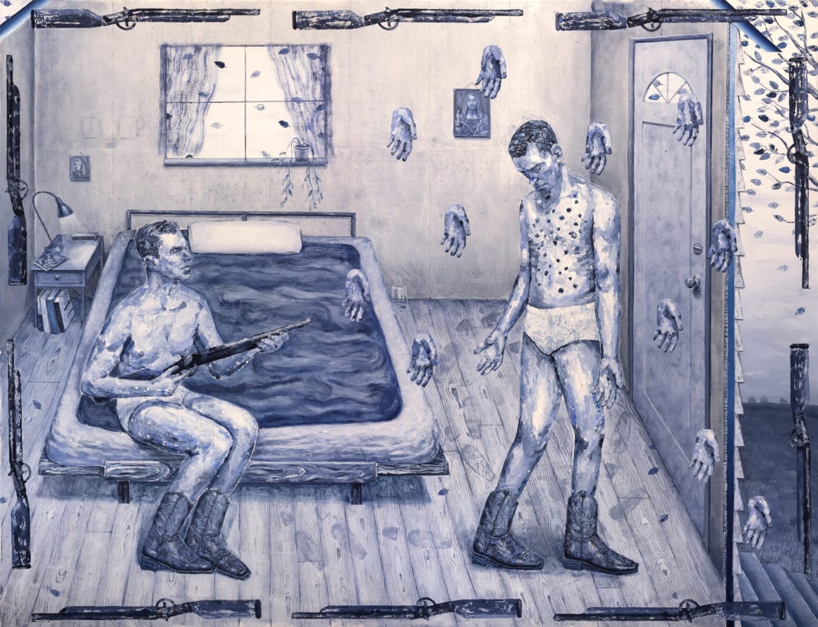 peinture bleue de deux hommes se menaçant d'un fusil