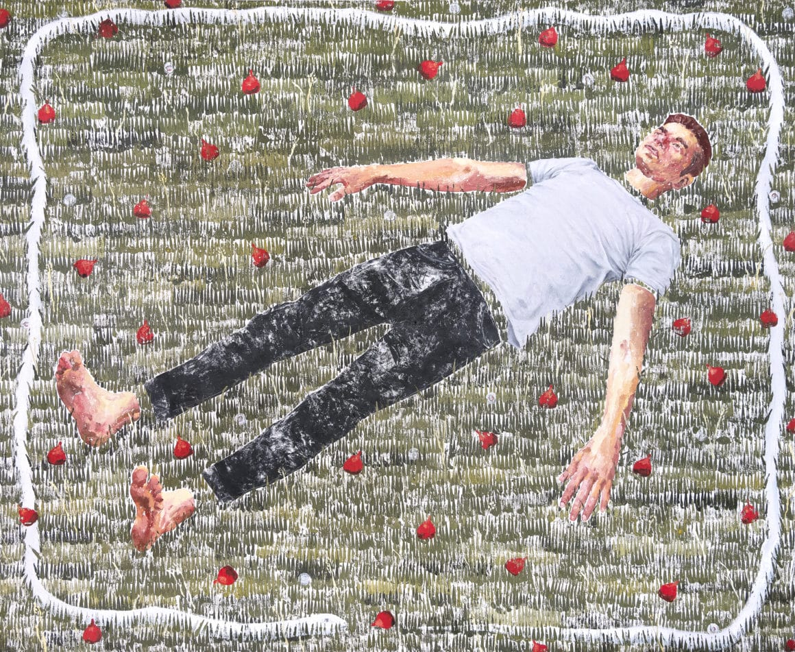 peinture adam lupton, homme allongé dans l'herbe entouré de figues rouges