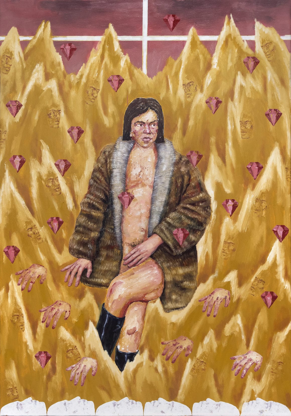 peinture femme mi-nue dans manteau de fourrure, entourée de flammes et diamants