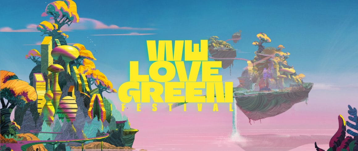 Affiche d'un des festivals français incontournables de 2022, We Love Green où on voit un environnement futuriste avec des îles volantes dans un ciel rose et bleu. 
