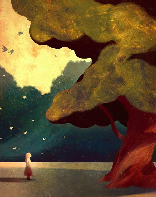 Enfant qui regarde un arbre. 