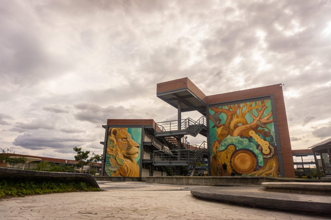 Immeuble recouvert d'un lion dessiné par Alegra del Prado au Mexique