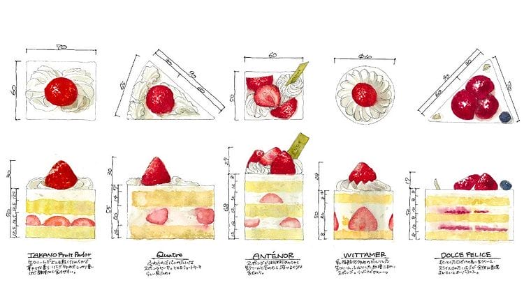 Série de desserts à la fraise mis en dessin par Kei Endo