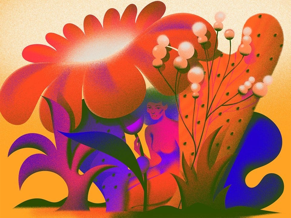 Femme cachée entre des fleurs et plantes géantes colorées