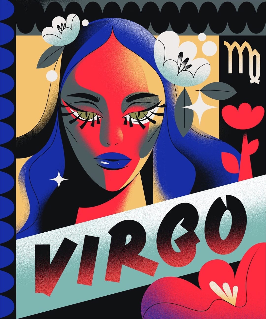 Femme colorée avec le mot "Virgo" inscrit devant