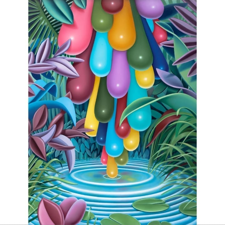 Des goûtes d'eau multicolores au dessus d'un lac - œuvre de Mona Broschár