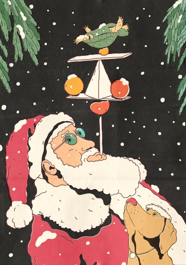 Illustration du Père Noël qui tient un bâton dans sa bouche, bâton qui maintient en équilibre une tortue.