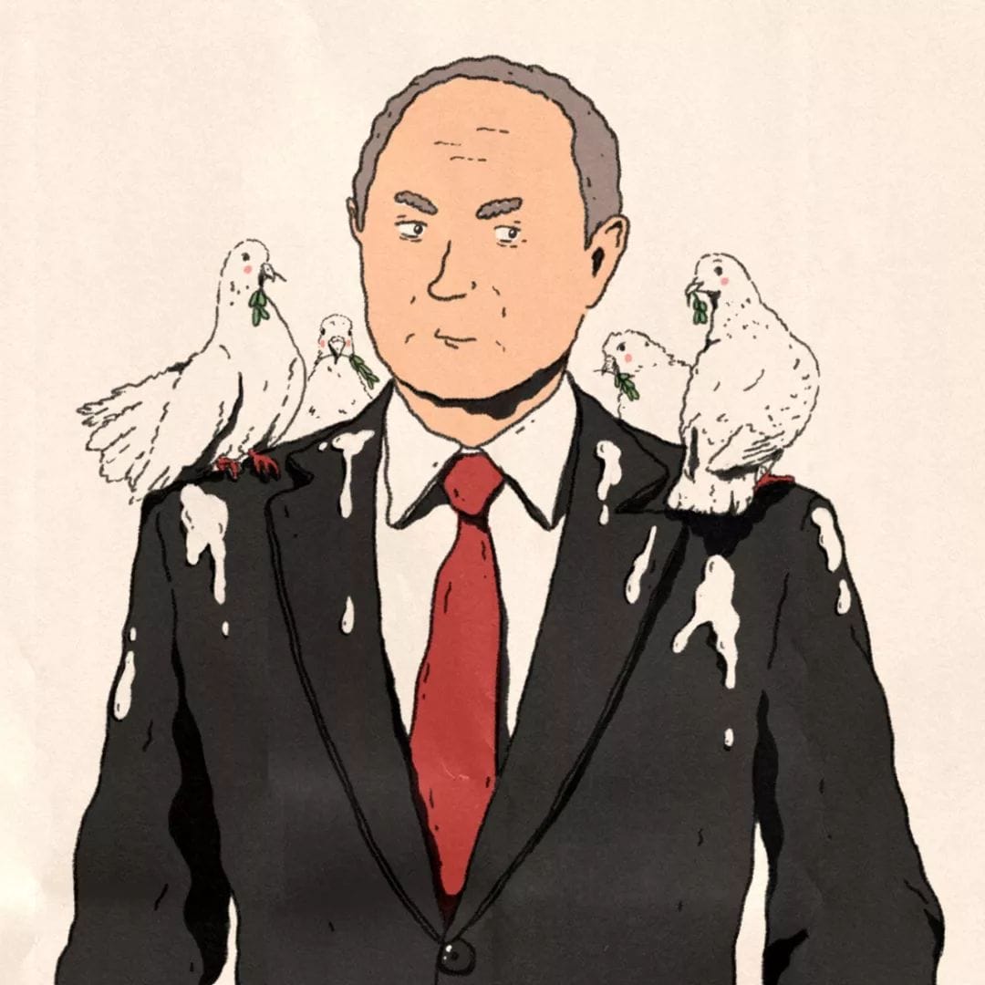 Poutine entouré de colombes et recouvert d'excréments