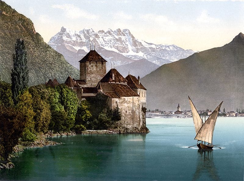 Lithographie lac montagne et Chateau du Chillon en couleurs