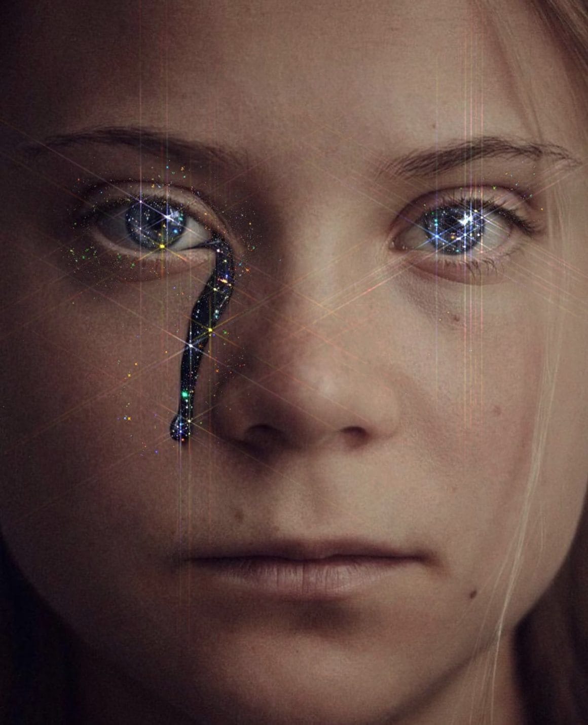 Photo de Greta Thunberg avec une larme pailletée