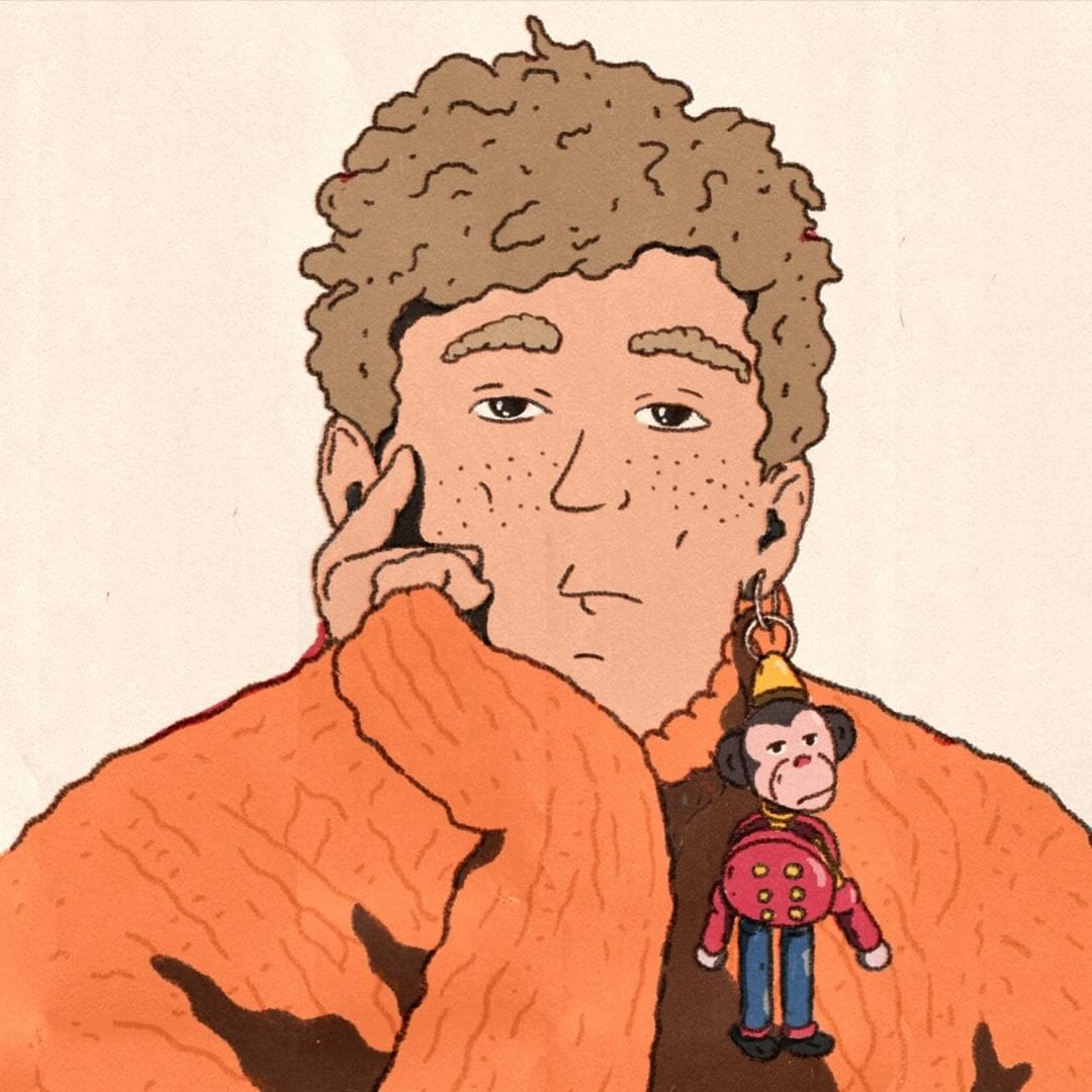 Illustration d'un homme vêtu d'orange et portant une boucle d'oreille Ape par Pavel Mishkin