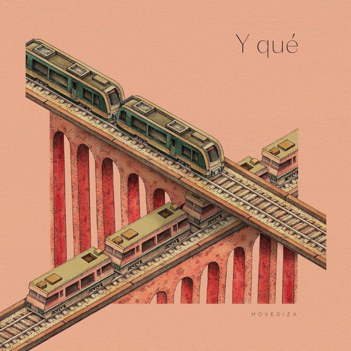 Pochette d'album rose avec des trains