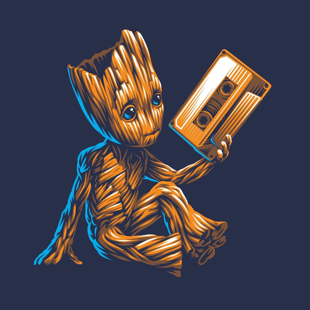 Design d'Aleksey Rico représentant Groot avec une cassette de walkman