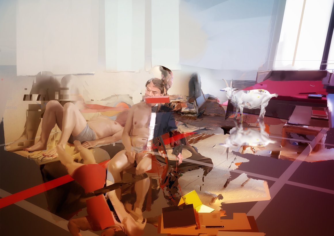 Peinture numérique de Guenter Zimmermann un homme dans sa chambre avec une chevre