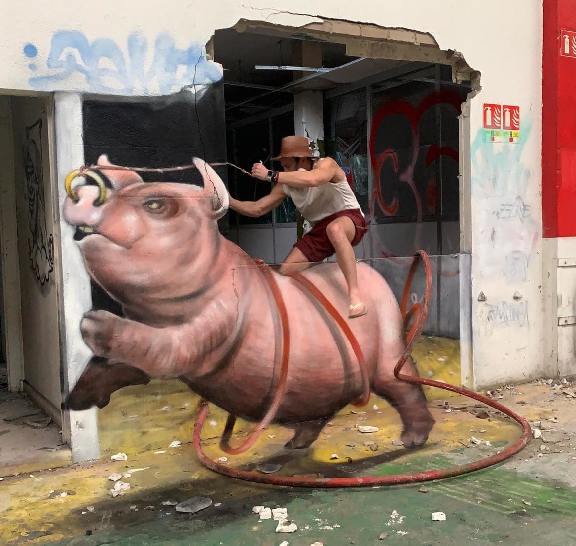 Tag de GrafoDeco d'un cochon qui porte l'artiste sur son dos pour faire du rodeo