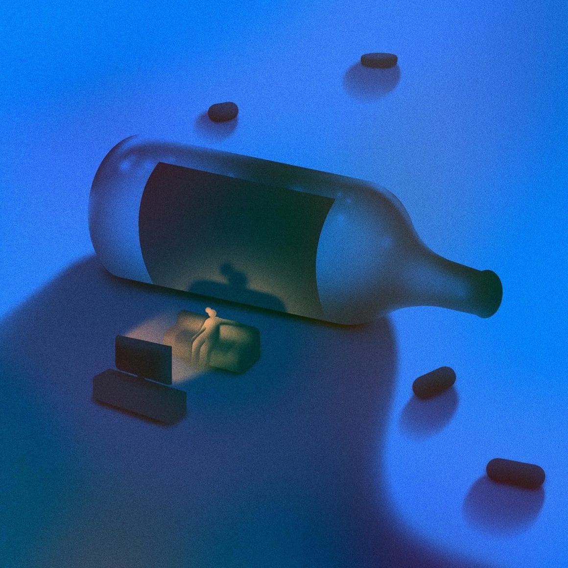Illustration de Sophi Miyoko Gullbrants représentant une figure posté entre une télé et une bouteille