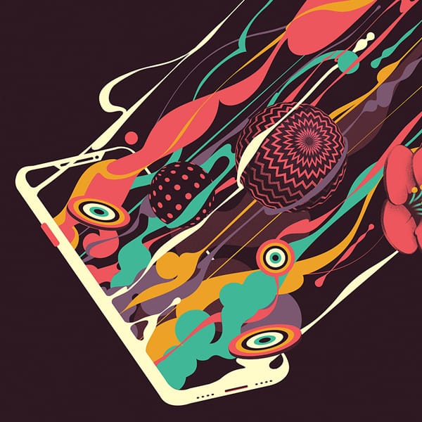 Illustration sombre avec beaucoup de touches de couleurs - des formes sortent / découlent d'un écran de téléphone