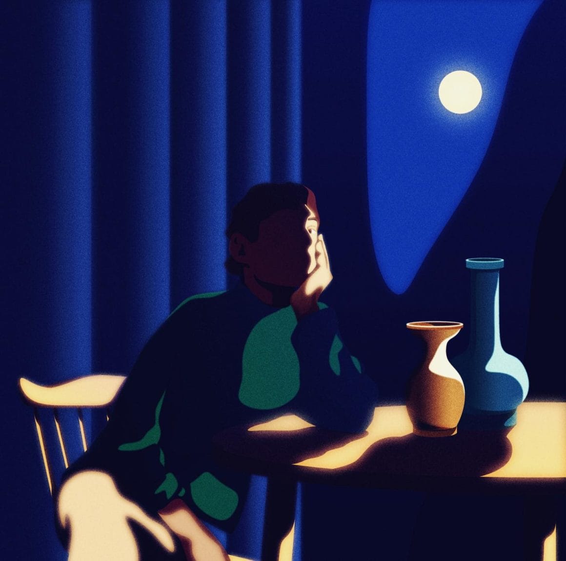 Illustration personnage dans le noir avec la lumière de la lune