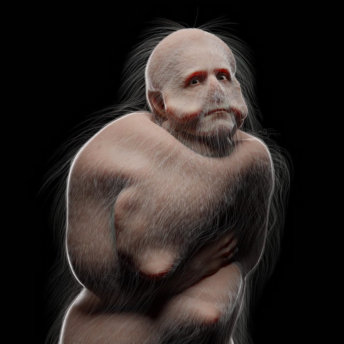 Sculpture d'un homme sans bras et recouvert de poils