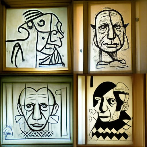 Quatre images de Midjourney qui représentent Picasso.