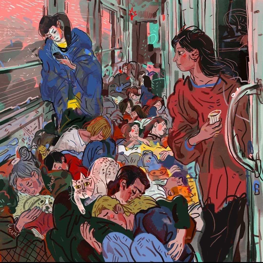"Le 11 mars 2022. Des personnes épuisées dorment sur le plancher du train d'évacuation Poltava-Lviv"