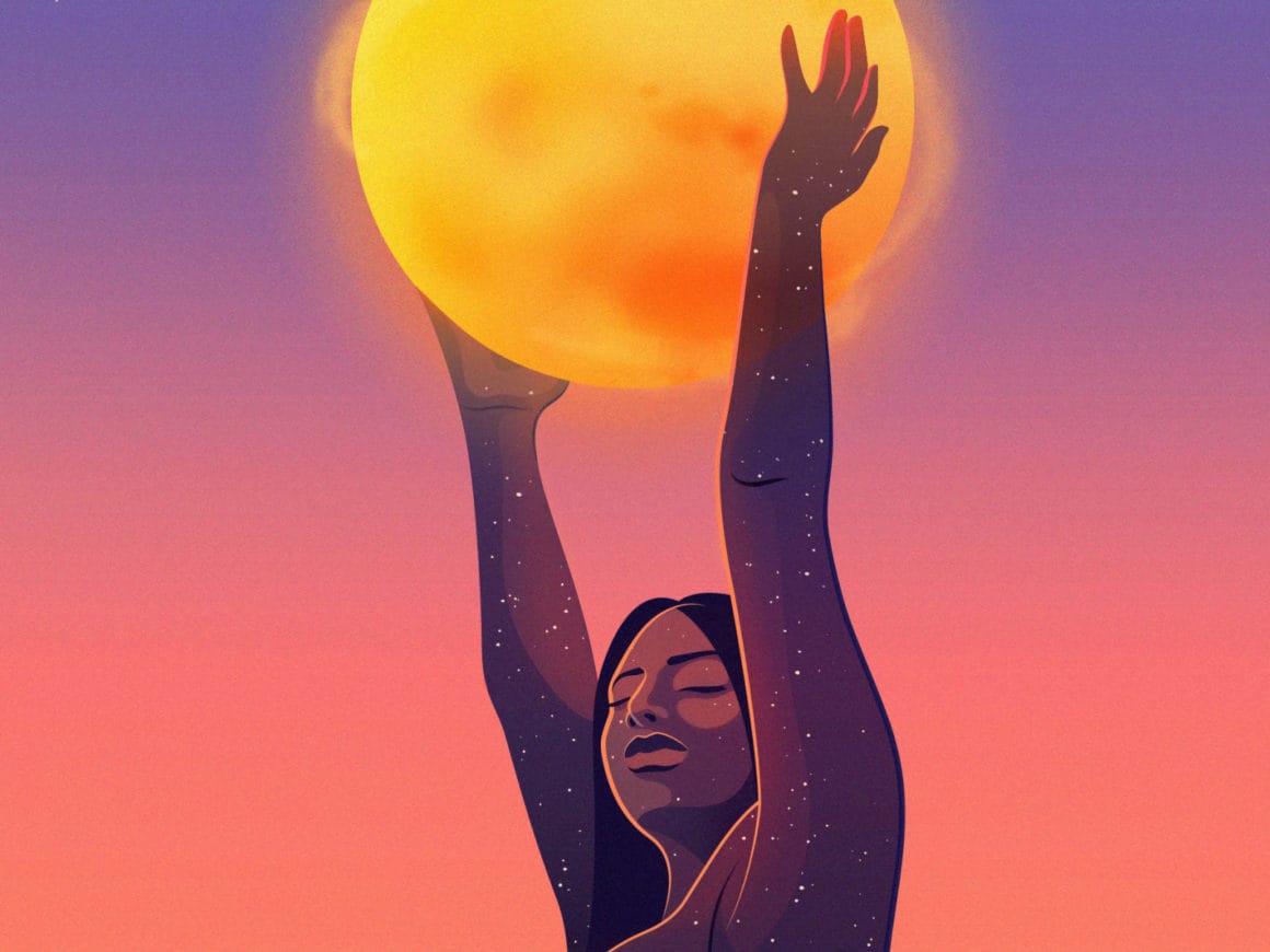 Cette œuvre représente une femme qui tient le soleil au dessus de sa tête.