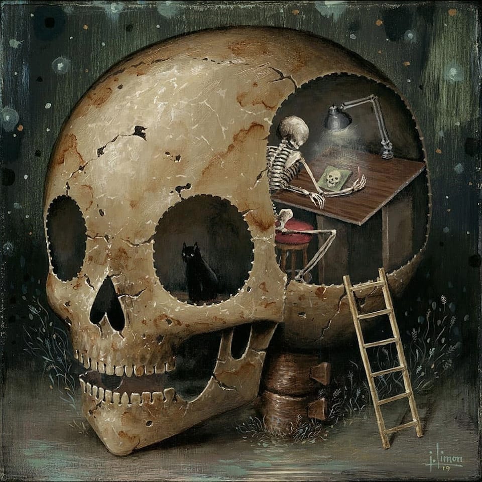 Ce tableau représente un squelette qui dessine un squelette dans le crâne d'un squelette;