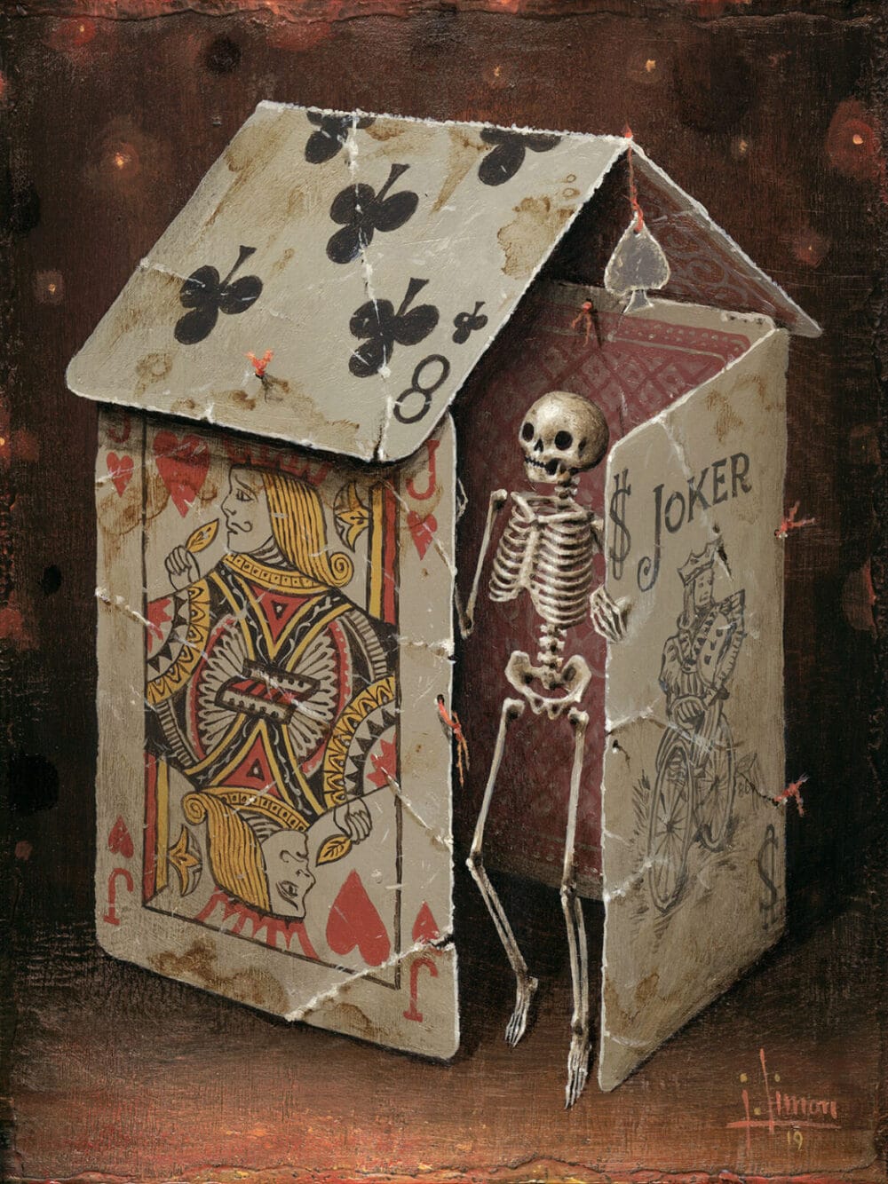 Ce tableau représente un squelette dans une maison faite de cartes de jeu.