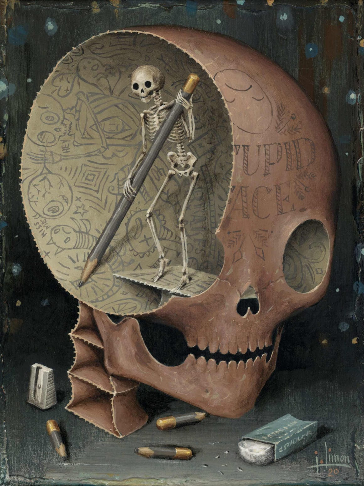 Ce tableau représente un squelette qui est en train de dessiner dans le crâne d'un autre squelette.
