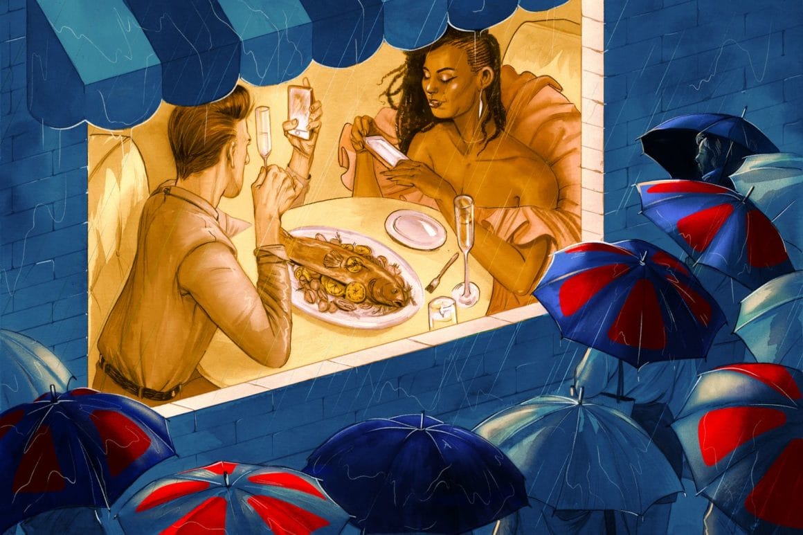 Cette illustration de Zoë Van Dijk représente un couple dans un restaurant, mais chacun sur son téléphone, avec des personnes qui les scrutent de dehors.