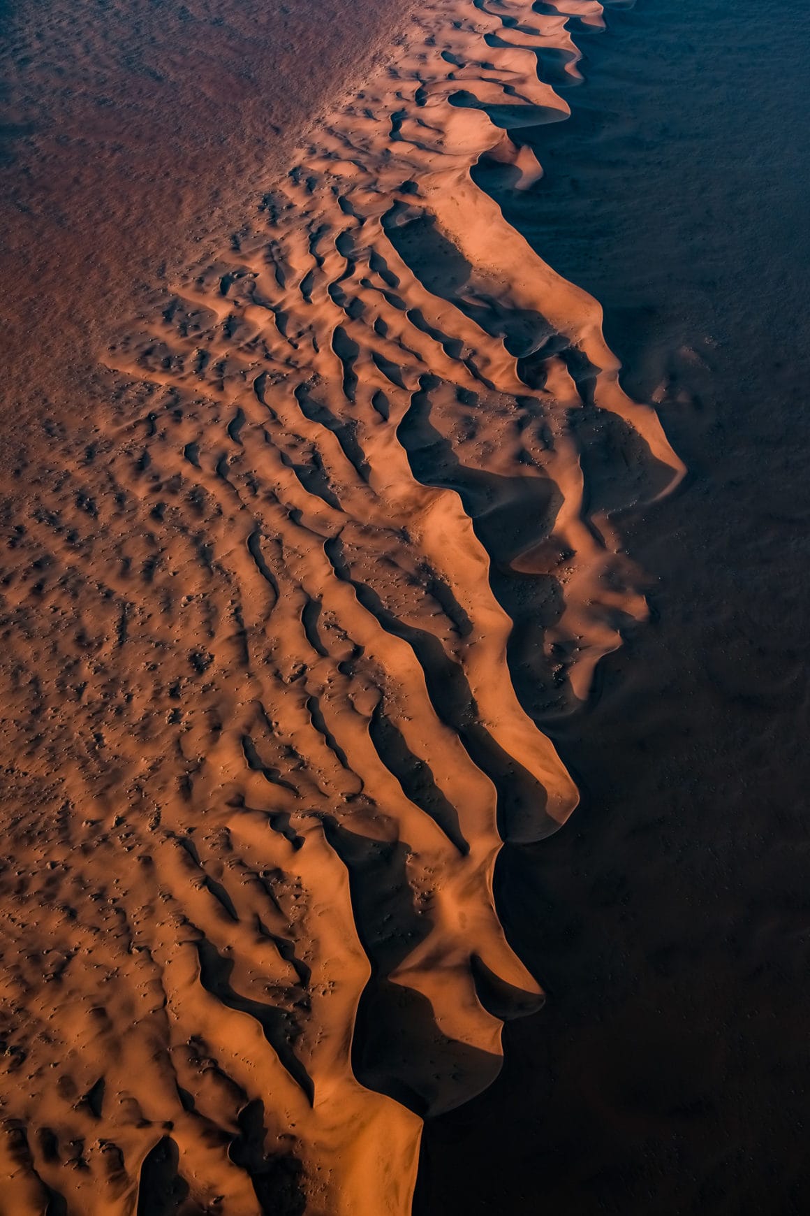 Les dunes de sable de Namibie forment des vagues gracieuses sous le soleil couchant