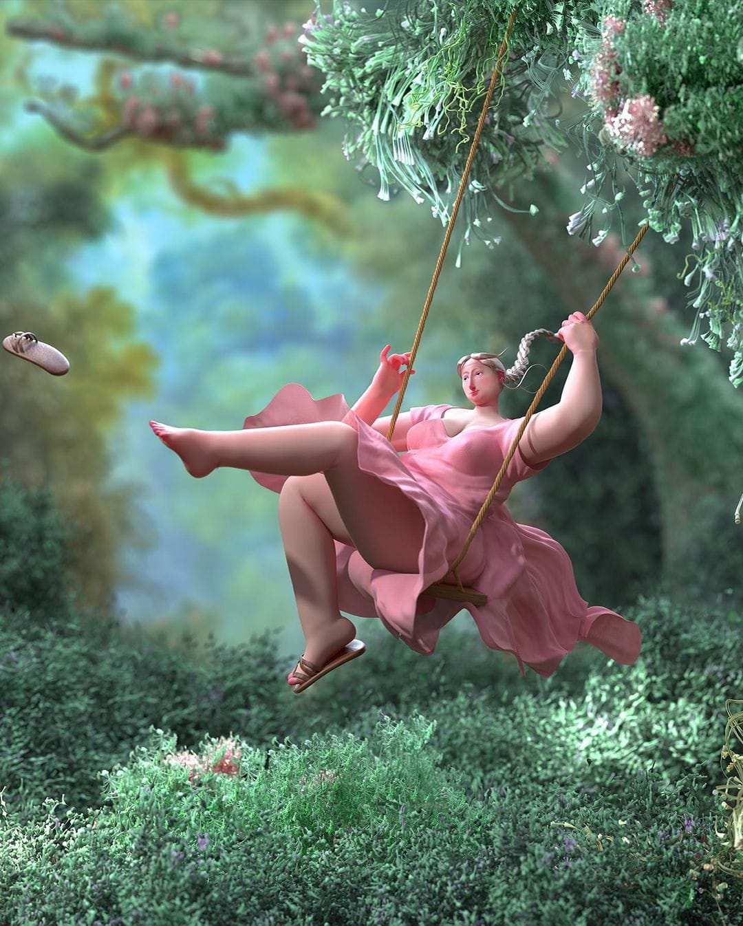 Oeuvre 3D : Une femme blonde vêtue d'une robe rose fait de la balançoire dans une forêt.