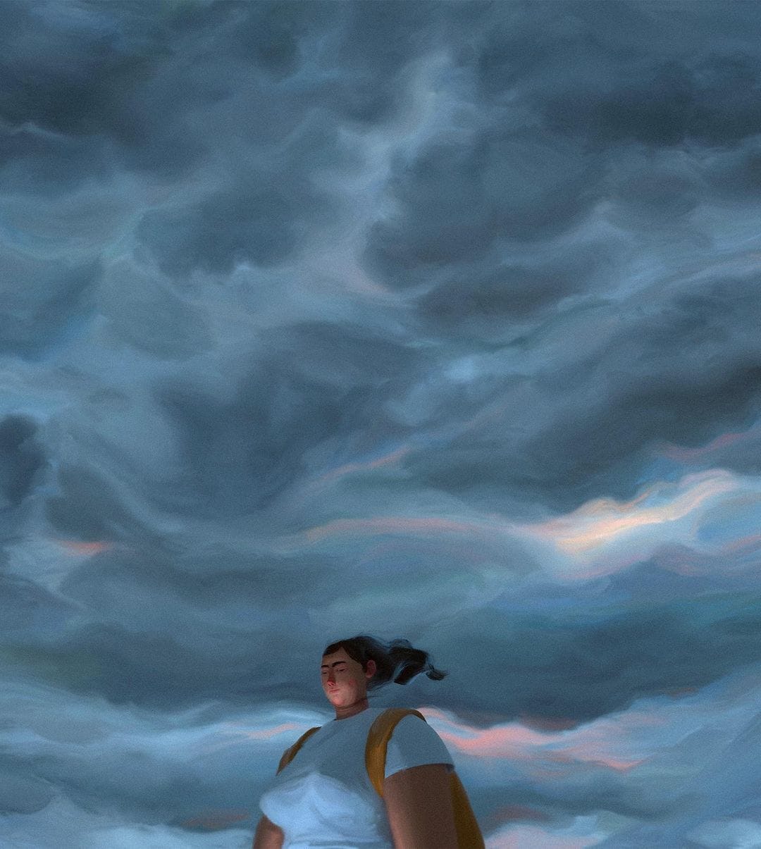 Oeuvre 3D: Une femme ferme les yeux pensive, les cheveux au vent en contre plongée devant un ciel très nuageux