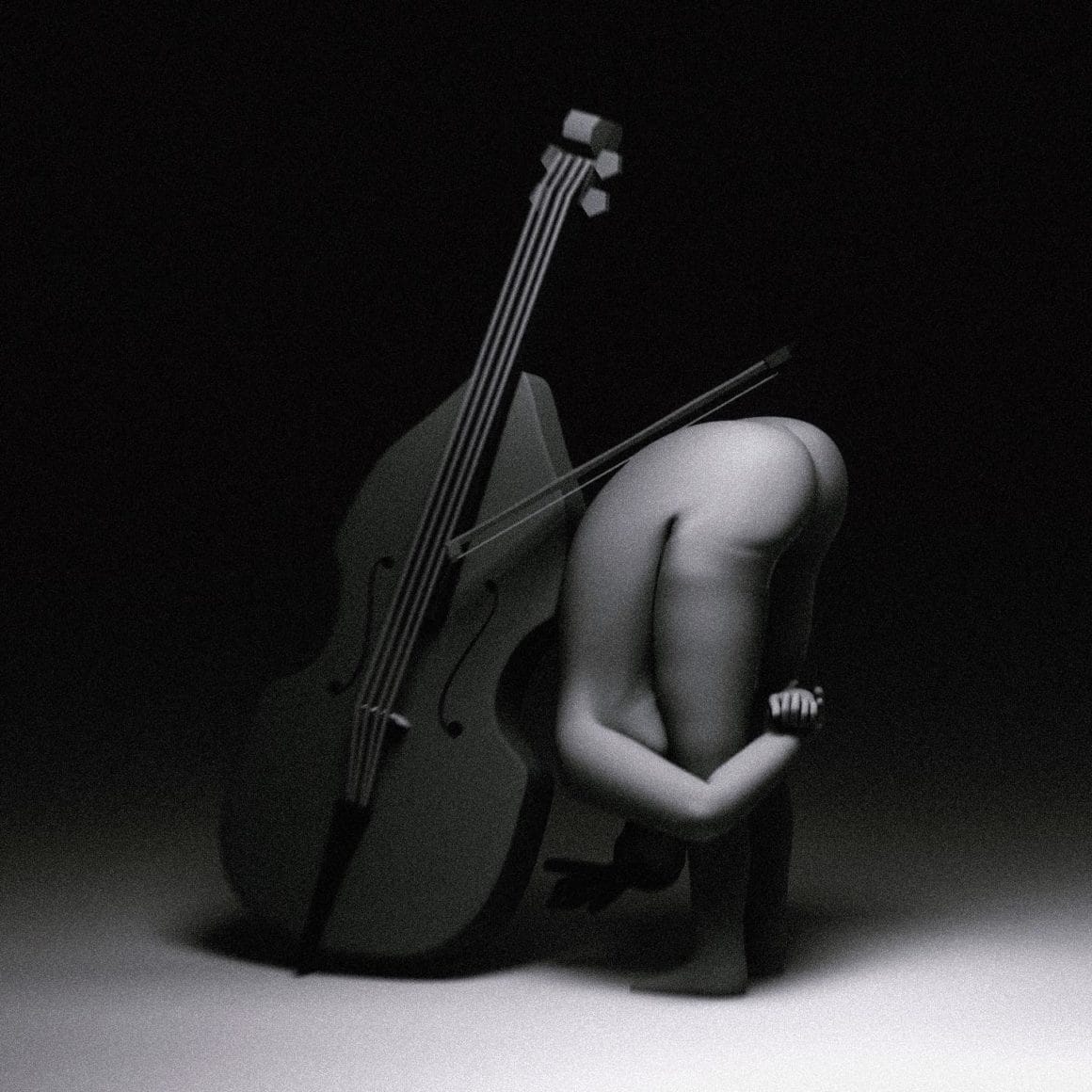 Oeuvre 3D: Une personne est nue debout, accrochée à ses genoux devant un violoncelle. L'oeuvre est en noir et blanc.