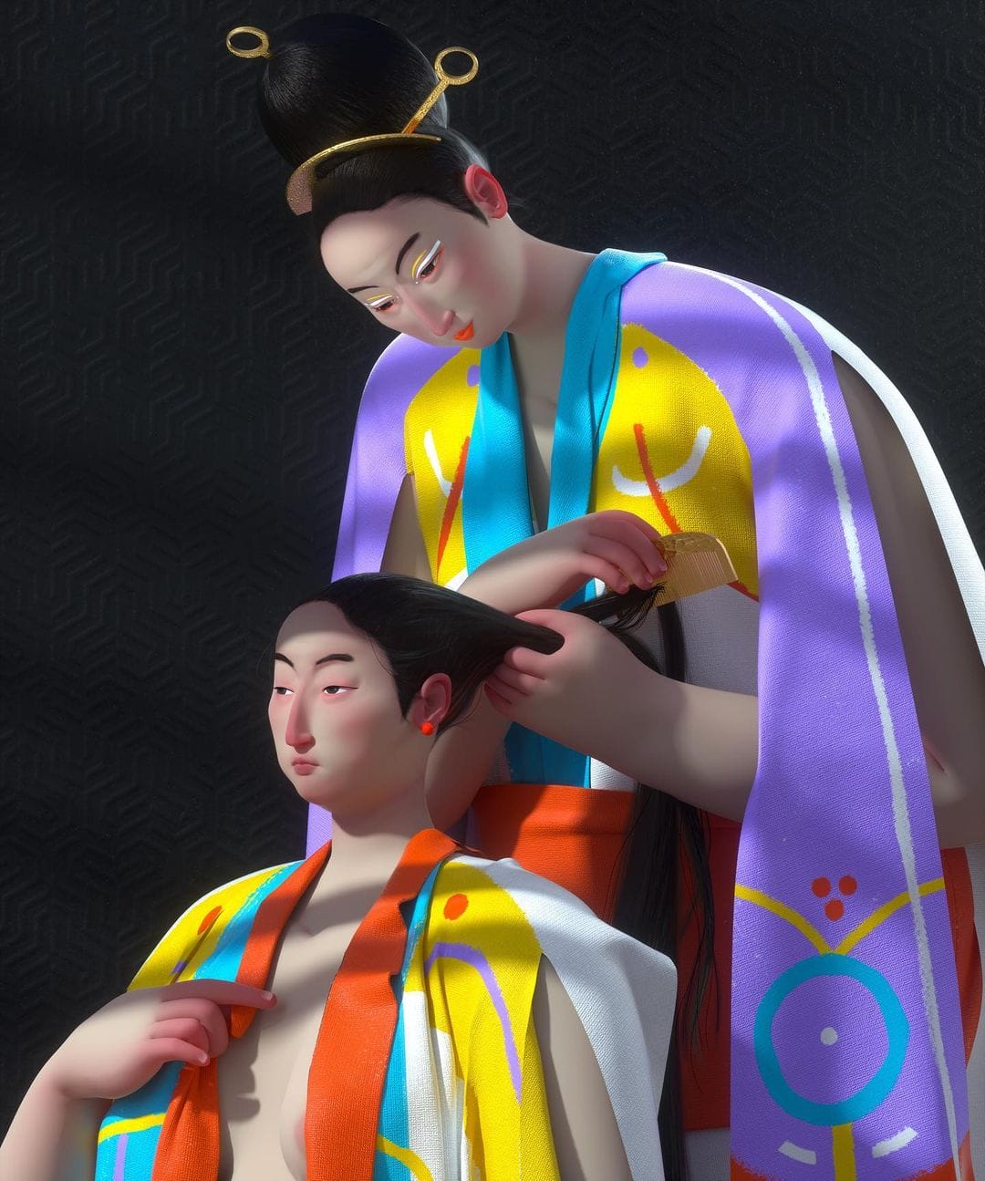 Oeuvre 3D: Une mère peigne les cheveux d'une jeune fille. Toutes deux sont vêtues de vêtements traditionnels asiatiques violet, jaune et orange
