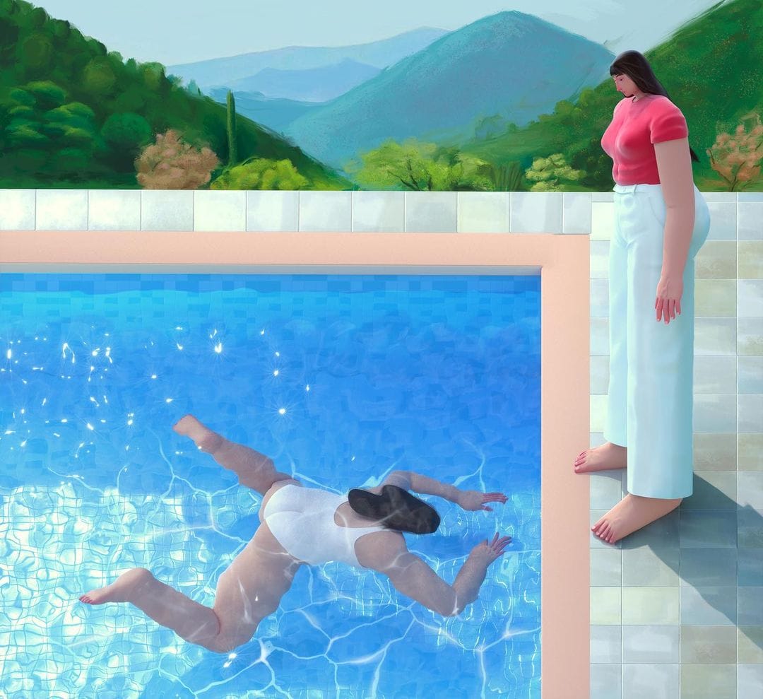 Oeuvre 3D de shir pakman: une femme habillée d'un haut rose et d'un pantalon blanc regarde une autre femme habillée d'un maillot de bain blanc nager dans une piscine