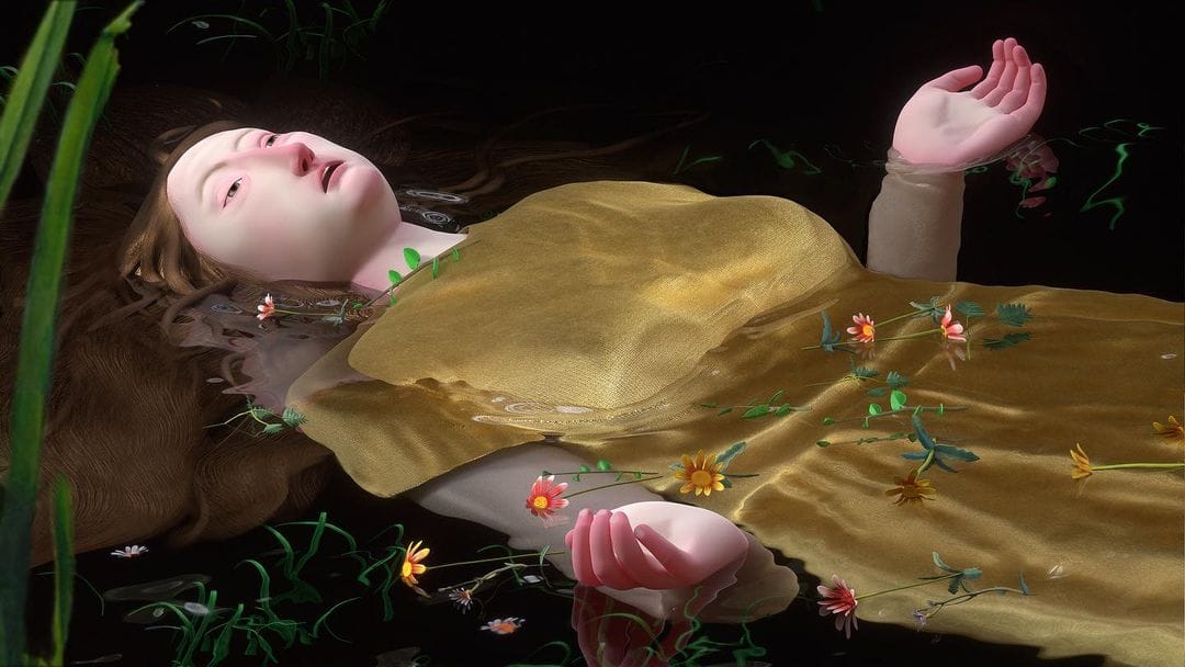 Oeuvre 3D: Ici nous observons la célèbre oeuvre de John Everett Millais, Ophélia. Représentant une femme décédée flottant dans une rivière ornée de fleurs